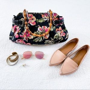 Talbots New Black Floral Purse with Bamboo Handles NWOT